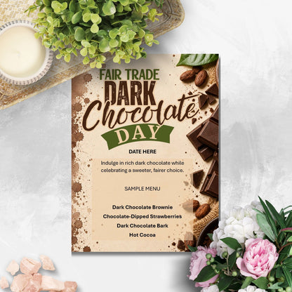 A styled flat-lay of a 'Fair Trade Dark Chocolate Day' menu card, surrounded by pink flowers, green leaves, and chocolate pieces on a light gray textured background.