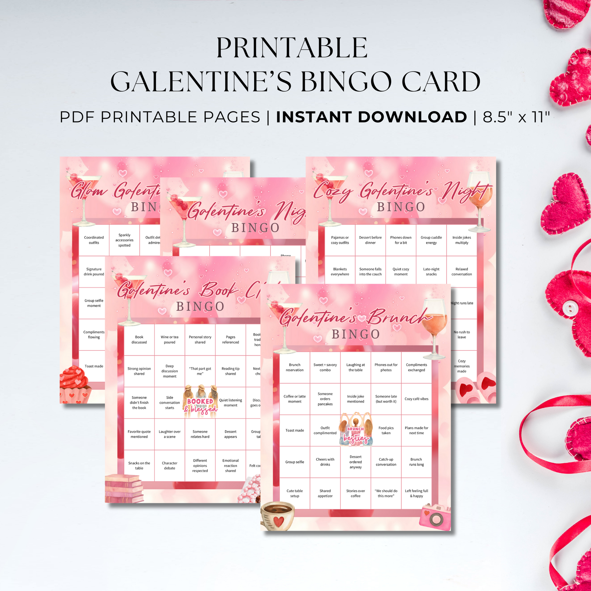 Galentine’s Bingo printable featuring five pink-themed bingo cards for girls night, brunch, book club, cozy gatherings, and glam Galentine’s soirées, sized 8.5x11.
