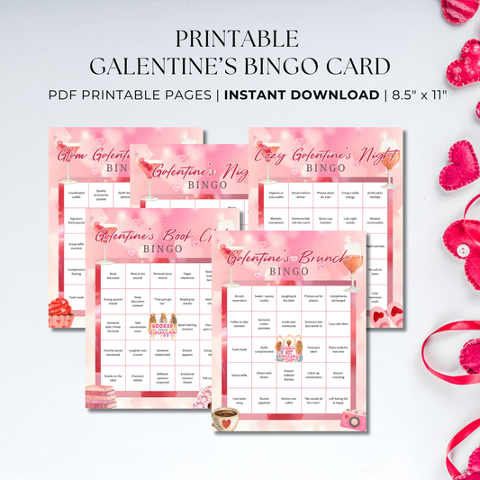 Galentine’s Bingo printable featuring five pink-themed bingo cards for girls night, brunch, book club, cozy gatherings, and glam Galentine’s soirées, sized 8.5x11.