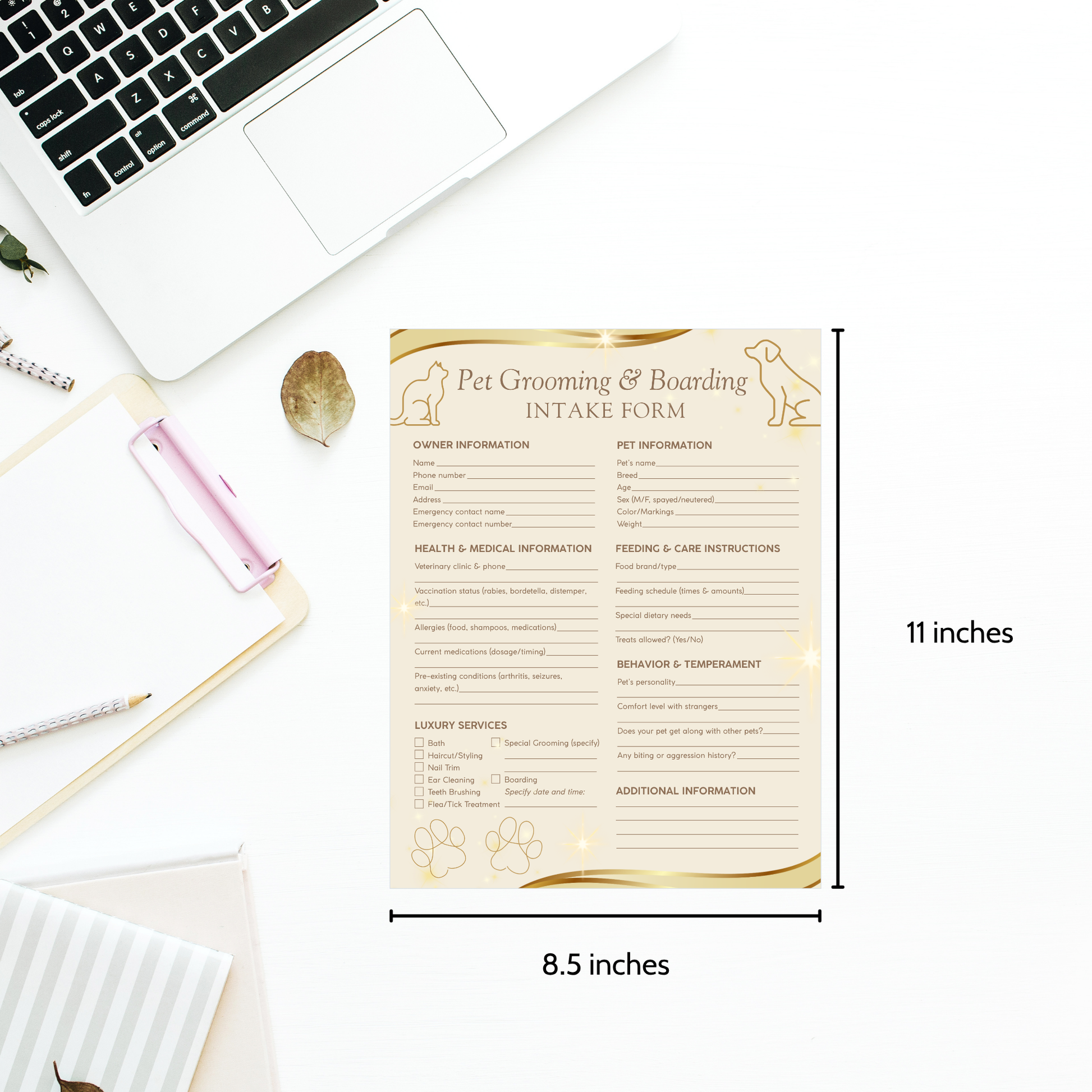 Printable Luxury Spa Pet Grooming & Boarding Intake & Consent Form – elegant 8.5x11 PDF for upscale pet spas, groomers, and boarding businesses.