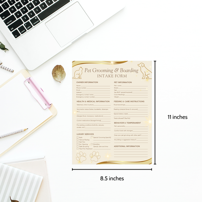 Printable Luxury Spa Pet Grooming & Boarding Intake & Consent Form – elegant 8.5x11 PDF for upscale pet spas, groomers, and boarding businesses.
