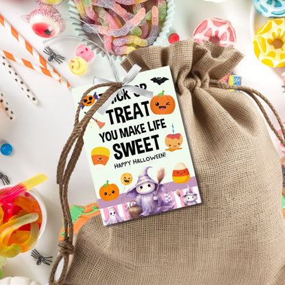 Halloween-themed printable gift tags with the message "Trick or Treat You Make Life Sweet" featuring cute pumpkins, candy corn, and a friendly witch, perfect for trick-or-treat bag gifts. Tags are 2.5 x 3.5 inches, laid out 8 per sheet on a standard 8.5 x 11-inch page. Includes a printable PDF and a PDF with a link to an editable Canva template.