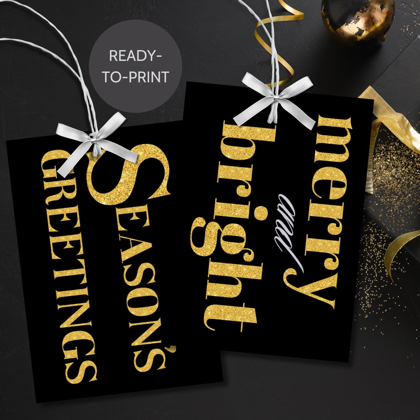 A set of printable black and gold Christmas gift tags featuring luxurious designs with festive messages like "Merry and Bright" and "Season's Greetings." Each tag measures 2.5 x 3.5 inches and is laid out on an 8.5 x 11-inch sheet.