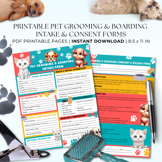 Printable Bold and Bright Pet Grooming & Boarding Intake & Consent Form – colorful 8.5x11 PDF form for pet groomers, boarding, and pet spas.