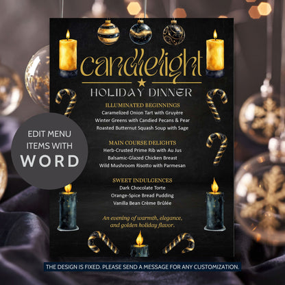 Elegant Candlelight Holiday Dinner Menu Template with black and gold design, editable in Microsoft Word, featuring festive Christmas menu layout on 8.5x11 printable sheet.