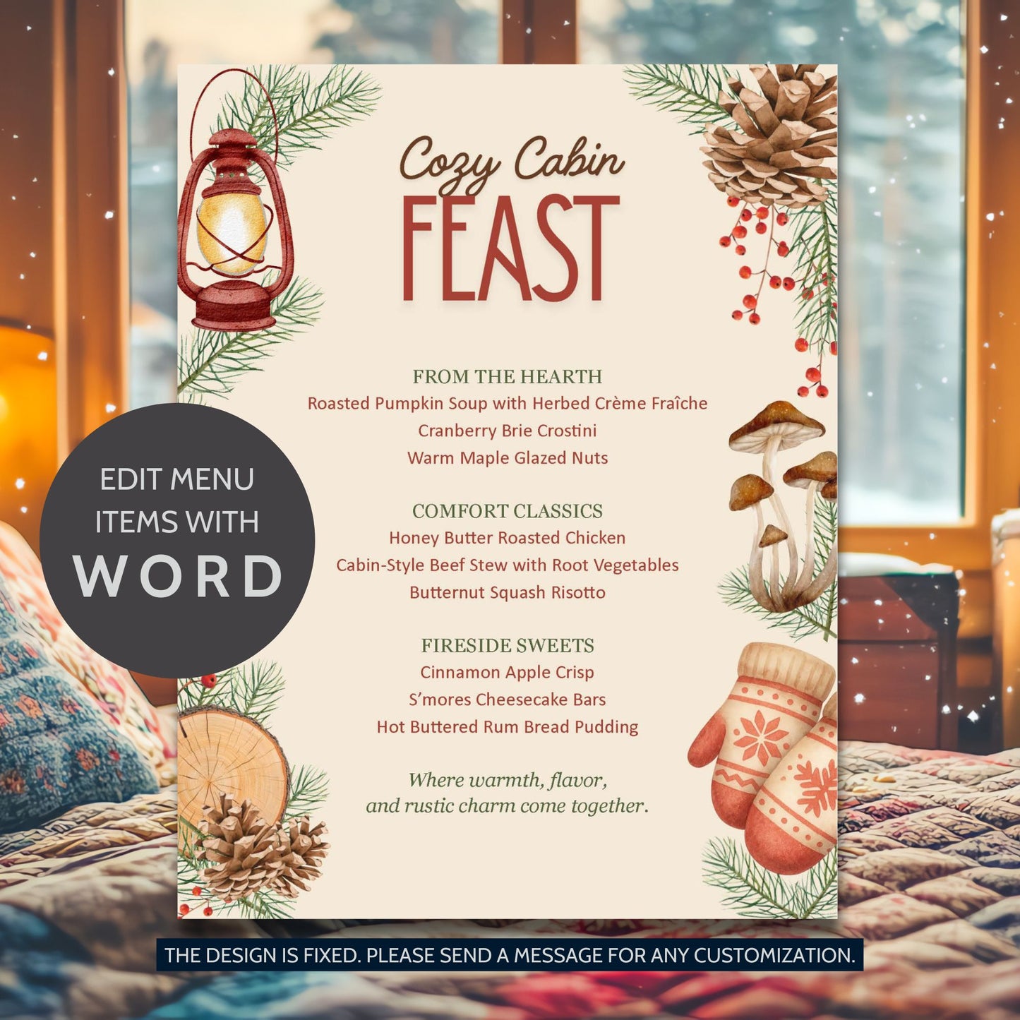 Cozy Cabin Feast Editable Holiday Menu Template with rustic winter design, woodsy tones, and fireside accents on 8.5x11 printable Word layout.
