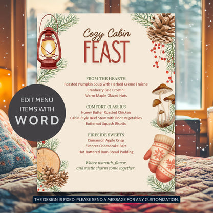 Cozy Cabin Feast Editable Holiday Menu Template with rustic winter design, woodsy tones, and fireside accents on 8.5x11 printable Word layout.
