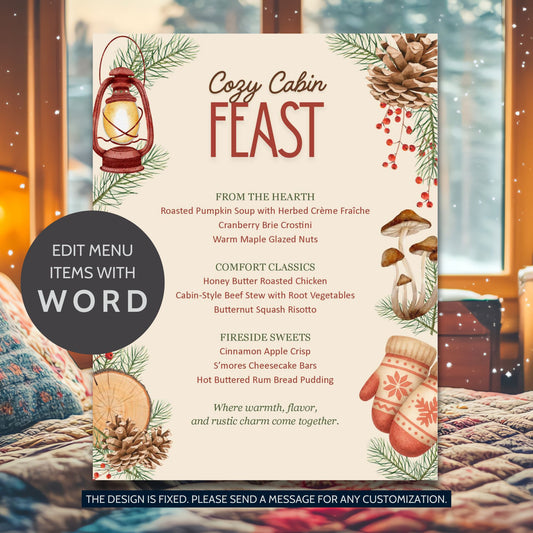 Cozy Cabin Feast Editable Holiday Menu Template with rustic winter design, woodsy tones, and fireside accents on 8.5x11 printable Word layout.
