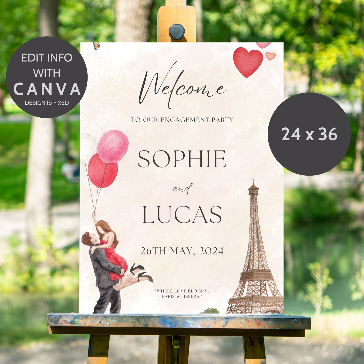 Paris-themed editable engagement welcome poster with Eiffel Tower, romantic couple with balloons, and red hearts. Canva template sized 24x36 inches.