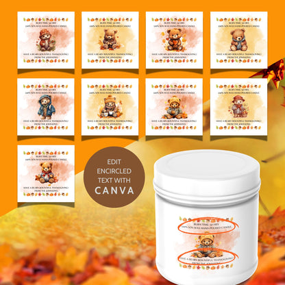 A set of 9 "Beary Bountiful Thanksgiving" themed Fall candle labels featuring charming bears, autumn leaves, and Thanksgiving motifs. The 2.75-inch square labels come as fixed designs with editable text for personal customization.