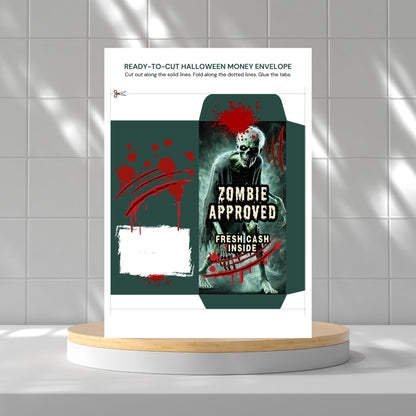 Halloween money envelope with zombie design on a white background