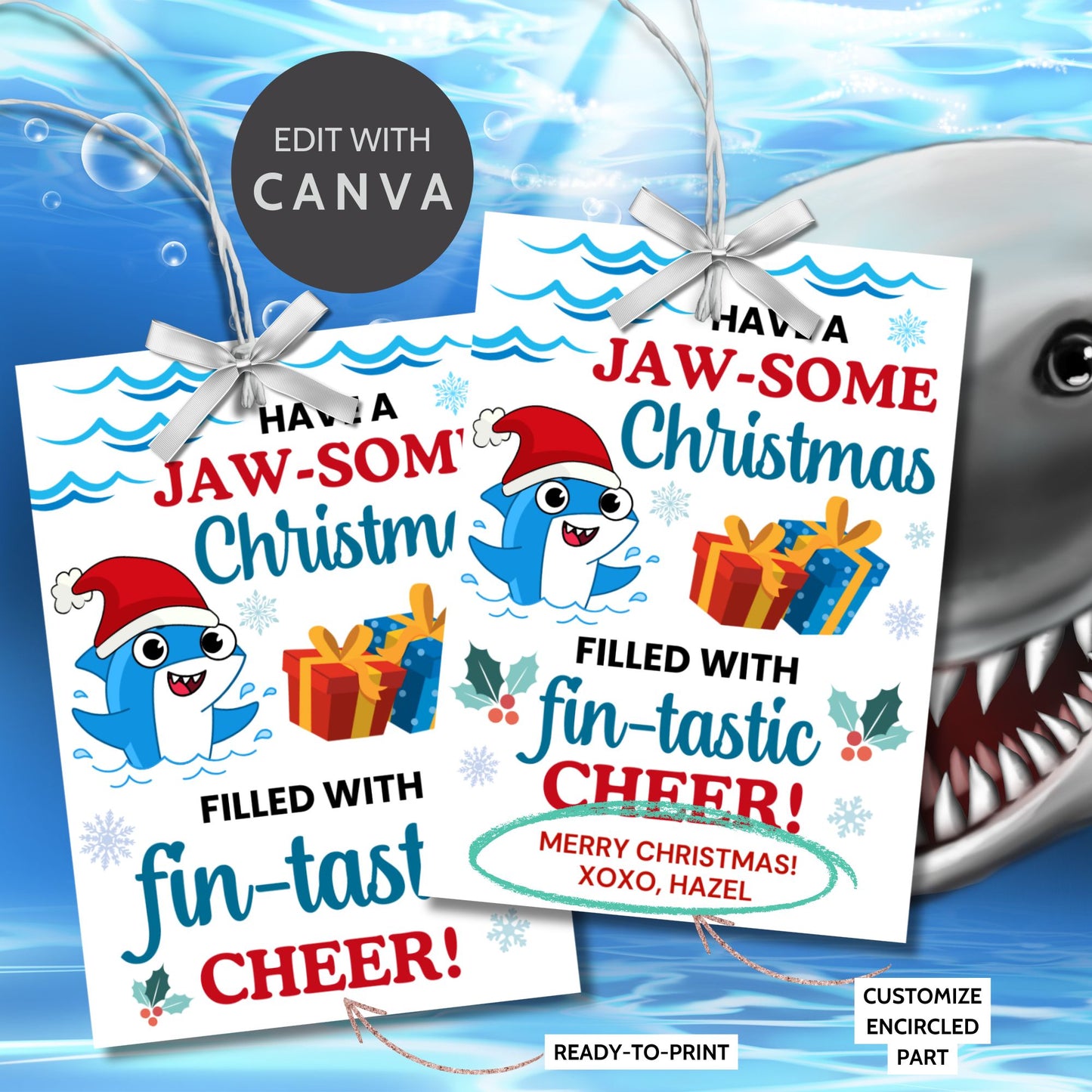 Festive shark-themed holiday gift tags featuring a smiling shark wearing a Santa hat, surrounded by waves, holly, and presents, with the message 'Have a JAW-some Christmas filled with fin-tastic cheer!' Perfect for personalized Christmas gifts.