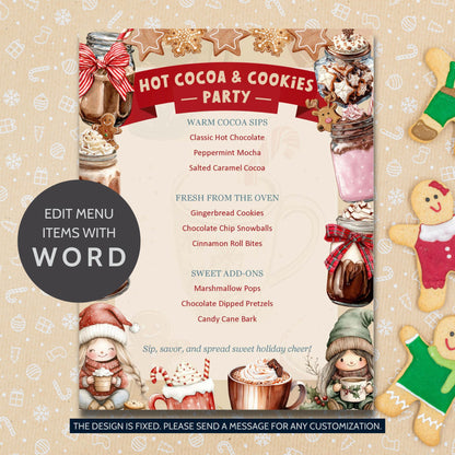 Hot Cocoa & Cookies Party Editable Menu Template featuring cocoa mugs, cookies, and festive holiday accents on an 8.5×11 printable Word design.