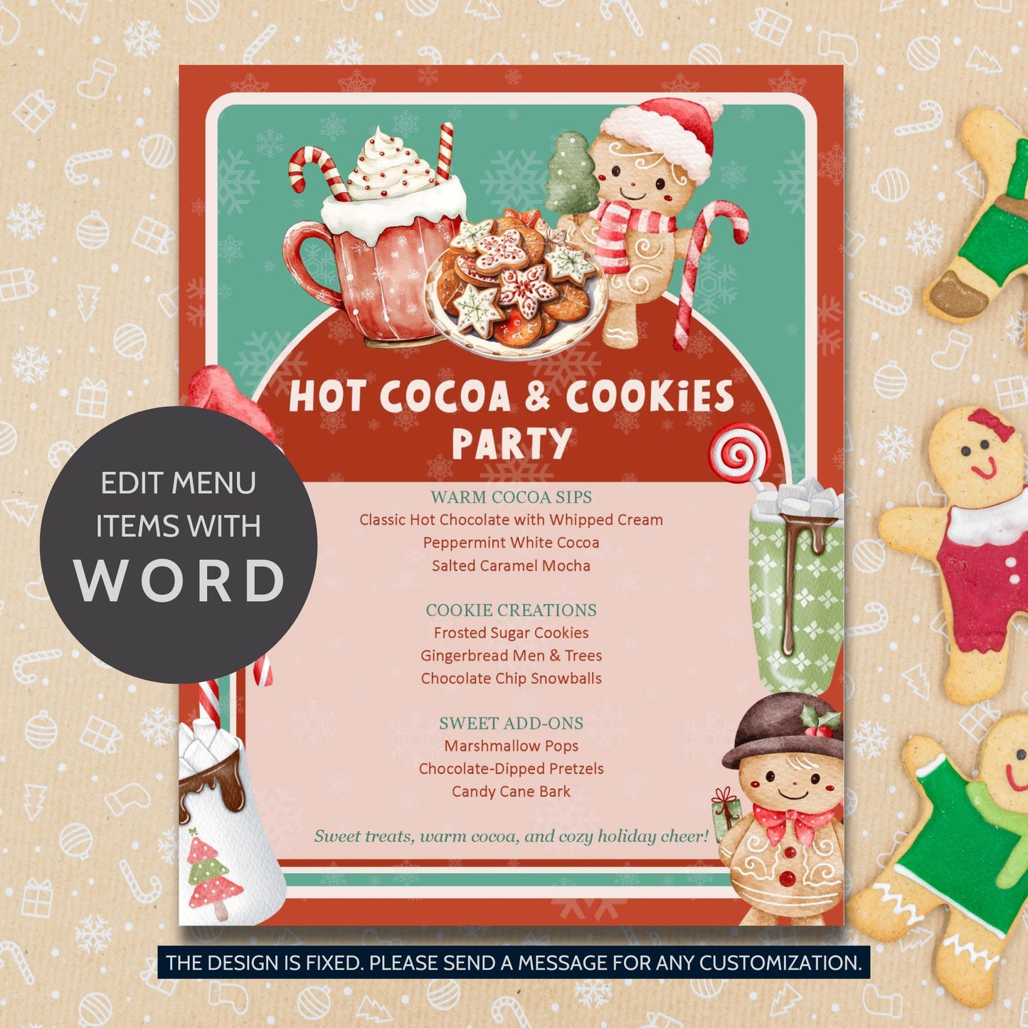 Hot Cocoa & Cookies Party Editable Menu Template featuring cocoa mugs, cookies, and festive red-and-white holiday accents on printable 8.5x11 Word layout.
