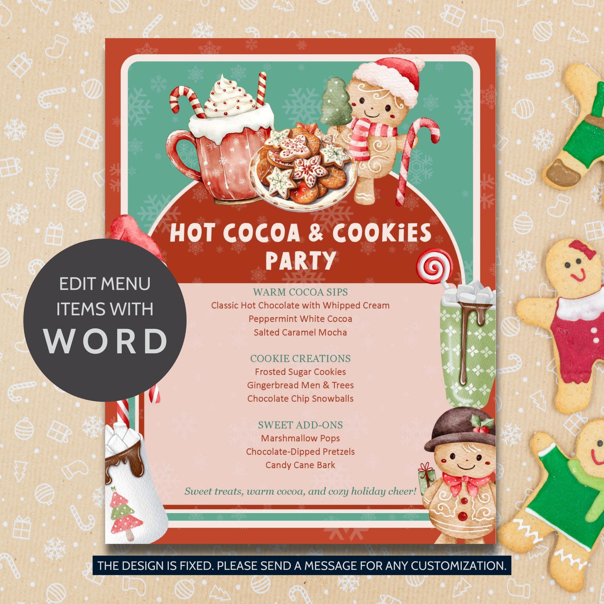 Hot Cocoa & Cookies Party Editable Menu Template featuring cocoa mugs, cookies, and festive red-and-white holiday accents on printable 8.5x11 Word layout.