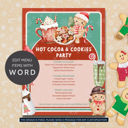 Hot Cocoa & Cookies Party Editable Menu Template featuring cocoa mugs, cookies, and festive red-and-white holiday accents on printable 8.5x11 Word layout.