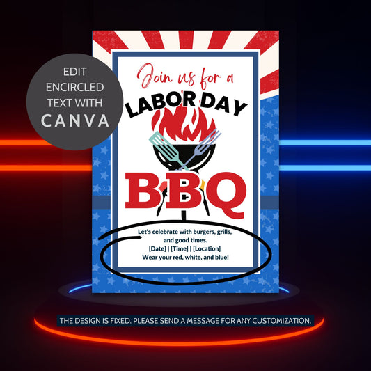 Patriotic-themed Labor Day BBQ invitation with red, white, and blue design, featuring grilling utensils and a bold BBQ title.