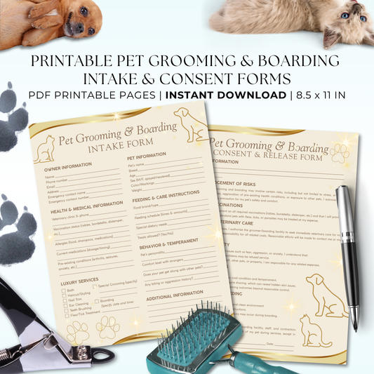 Printable Luxury Spa Pet Grooming & Boarding Intake & Consent Form – elegant 8.5x11 PDF for upscale pet spas, groomers, and boarding businesses.