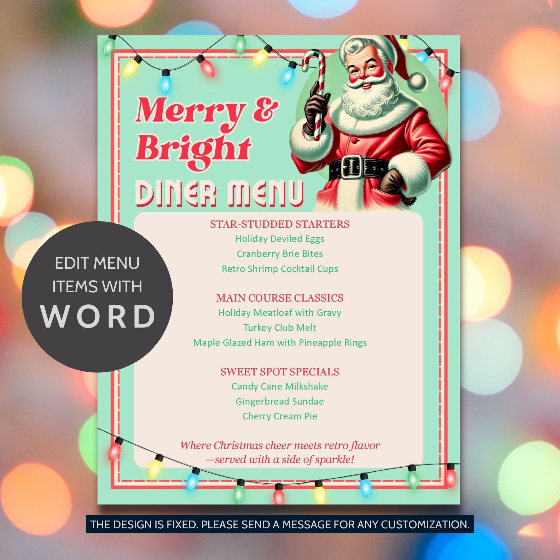 Merry & Bright Diner Menu Template featuring retro 1950s Christmas design with festive holiday dishes on 8.5x11 editable Word layout.