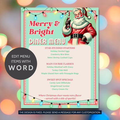 Merry & Bright Diner Menu Template featuring retro 1950s Christmas design with festive holiday dishes on 8.5x11 editable Word layout.