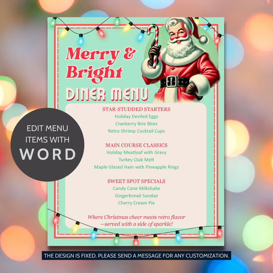 Merry & Bright Diner Menu Template featuring retro 1950s Christmas design with festive holiday dishes on 8.5x11 editable Word layout.
