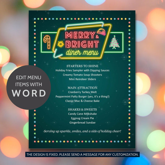 Retro Merry & Bright Diner Menu Template with neon Christmas lights and vintage signage style, printable and editable 8.5x11 holiday design.