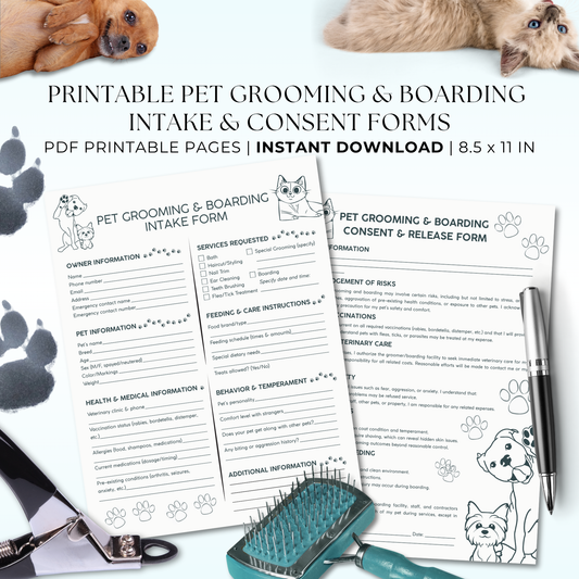 Pet grooming and boarding consent form with pet-related items on a white background