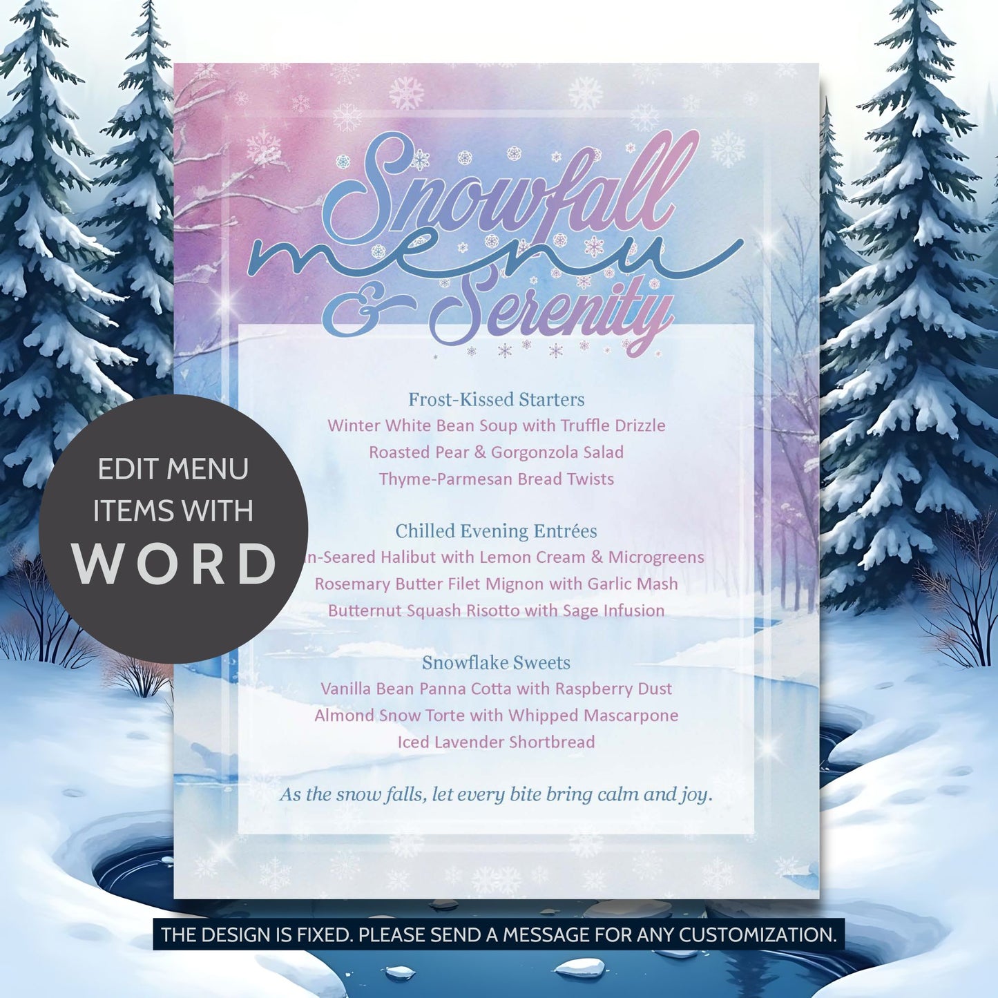 Snowfall & Serenity Editable Holiday Menu Template featuring winter white design, minimalist snowflake accents, and elegant typography on 8.5x11 printable Word layout