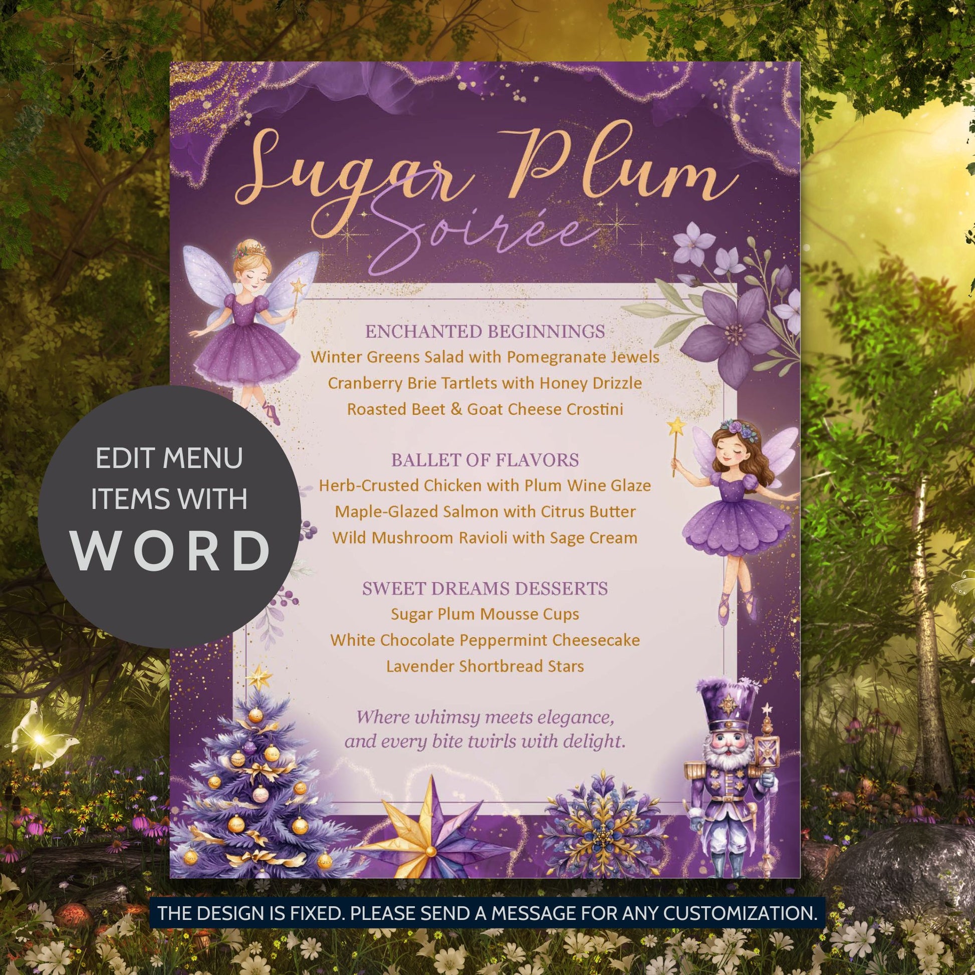 Sugar Plum Soirée Editable Holiday Menu Template with pastel pink and purple tones, Nutcracker ballet theme, and elegant 8.5x11 printable Word layout.