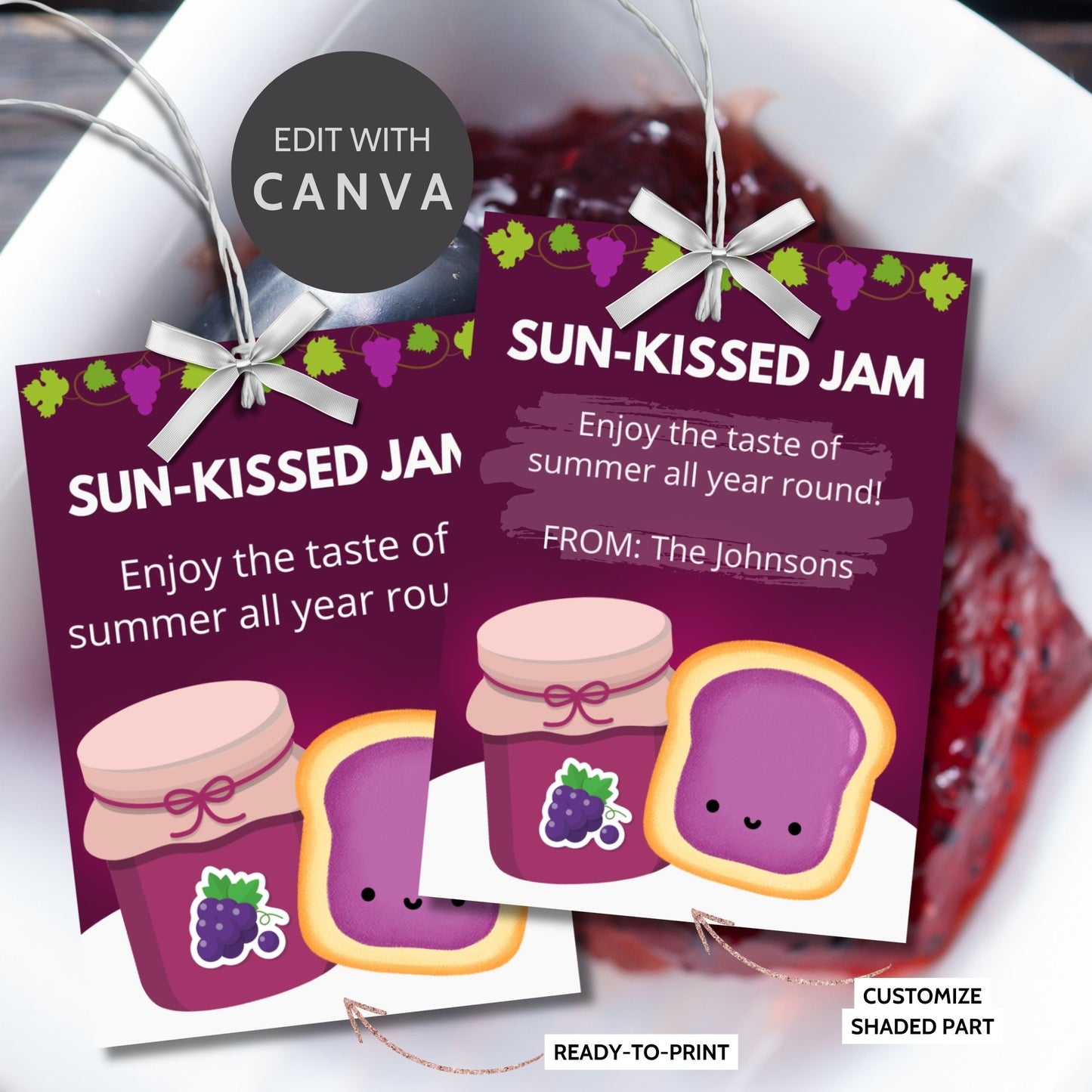 Charming gift tags featuring a colorful jam and toast design with the text "Sun-Kissed Jam. Enjoy the taste of summer all year round!" Personalize with names and messages.