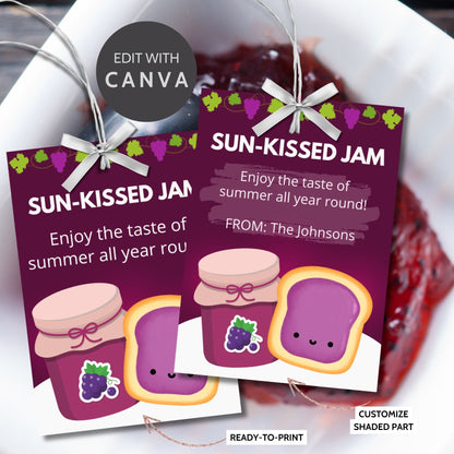 Charming gift tags featuring a colorful jam and toast design with the text "Sun-Kissed Jam. Enjoy the taste of summer all year round!" Personalize with names and messages.