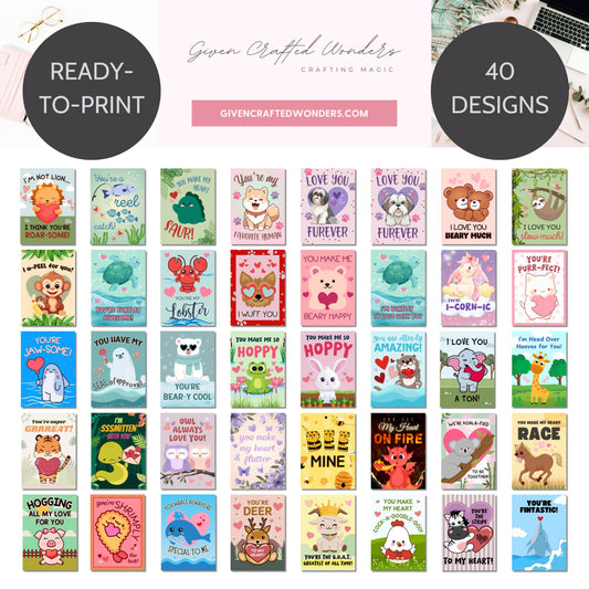 Animal-themed Valentine’s Day card bundle featuring 30 unique designs with cute animals and puns. Includes 8.5x11 sheets and individual 5x7 card formats, ready for instant download and printing.