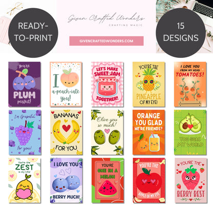 Mockup showcasing 15 Fruit-Themed Printable Valentine’s Day Cards with designs like “You’re Plum Perfect,” “You’re the Pineapple of My Eye,” and “I Love You From My Head Tomatoes.” Includes 8.5 x 11 layout and 5x7 format for easy printing.