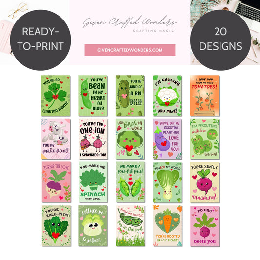 Printable Valentine’s Day card bundle featuring 20 designs with vegetable, herb, and legume themes. Includes puns like "You’re Kind of a Big Dill" and "Turnip the Love." Ready-to-print 5x7 cards on 8.5 x 11 sheets and individual 5x7 PDFs. Perfect for sharing love and laughter!