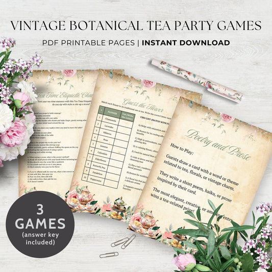 A set of vintage-inspired botanical tea party games, including Poetry & Prose and Tea-Themed Trivia, featuring elegant floral illustrations, antique parchment backgrounds, and classic typography. Print-ready PDF format, perfect for bridal showers, afternoon teas, weddings, and baby showers.