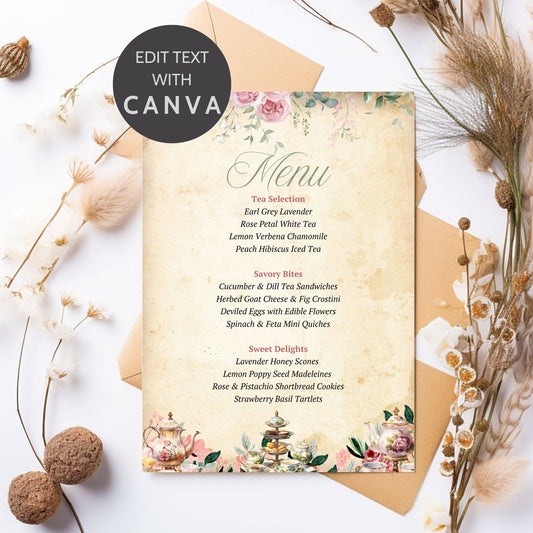 A vintage-inspired botanical tea party menu featuring elegant floral illustrations, antique parchment textures, and refined typography. 5x7-inch, fixed design with editable text in Canva, perfect for bridal showers, afternoon teas, and garden parties.