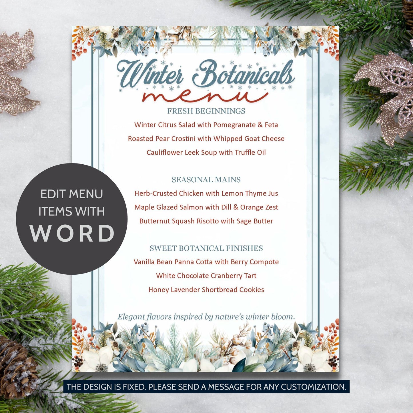 Winter Botanicals Editable Holiday Menu Template featuring elegant greenery, soft foliage accents, and refined typography on printable 8.5x11 Word layout.