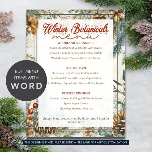 Winter Botanicals menu with decorative frame and text overlay on a white background