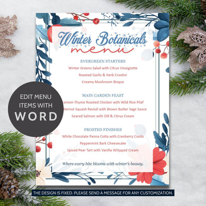 Winter Botanicals menu with decorative elements on a light gray background
