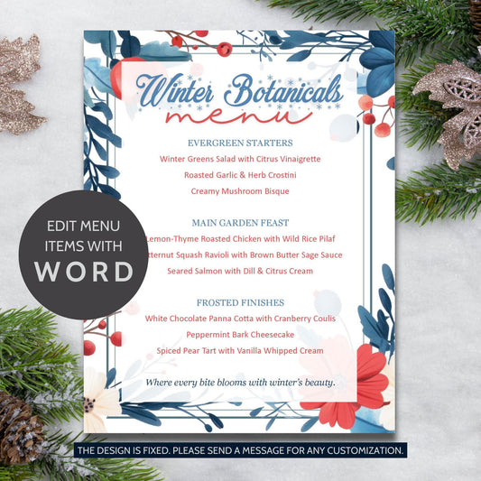 Winter Botanicals menu with decorative elements on a light gray background