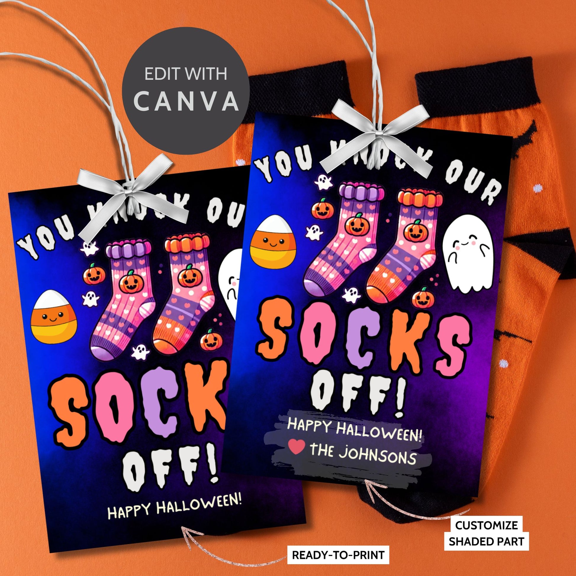 Halloween-themed printable gift tags with the message "You Knock Our Socks Off!" featuring colorful Halloween socks, ghosts, and candy corn. Tags are 2.5 x 3.5 inches, laid out 8 per sheet on a standard 8.5 x 11-inch page. Includes a printable PDF and a PDF with a link to an editable Canva template.