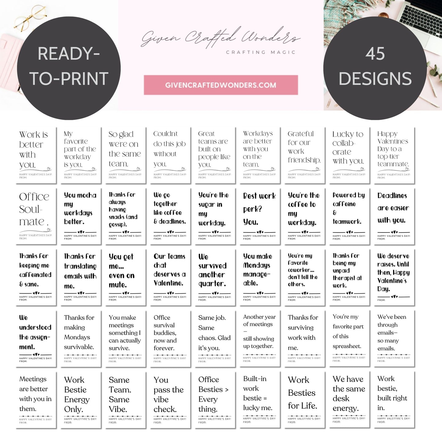 Minimalist black and white printable Valentine card for work besties featuring clean typography and office-friendly appreciation message.