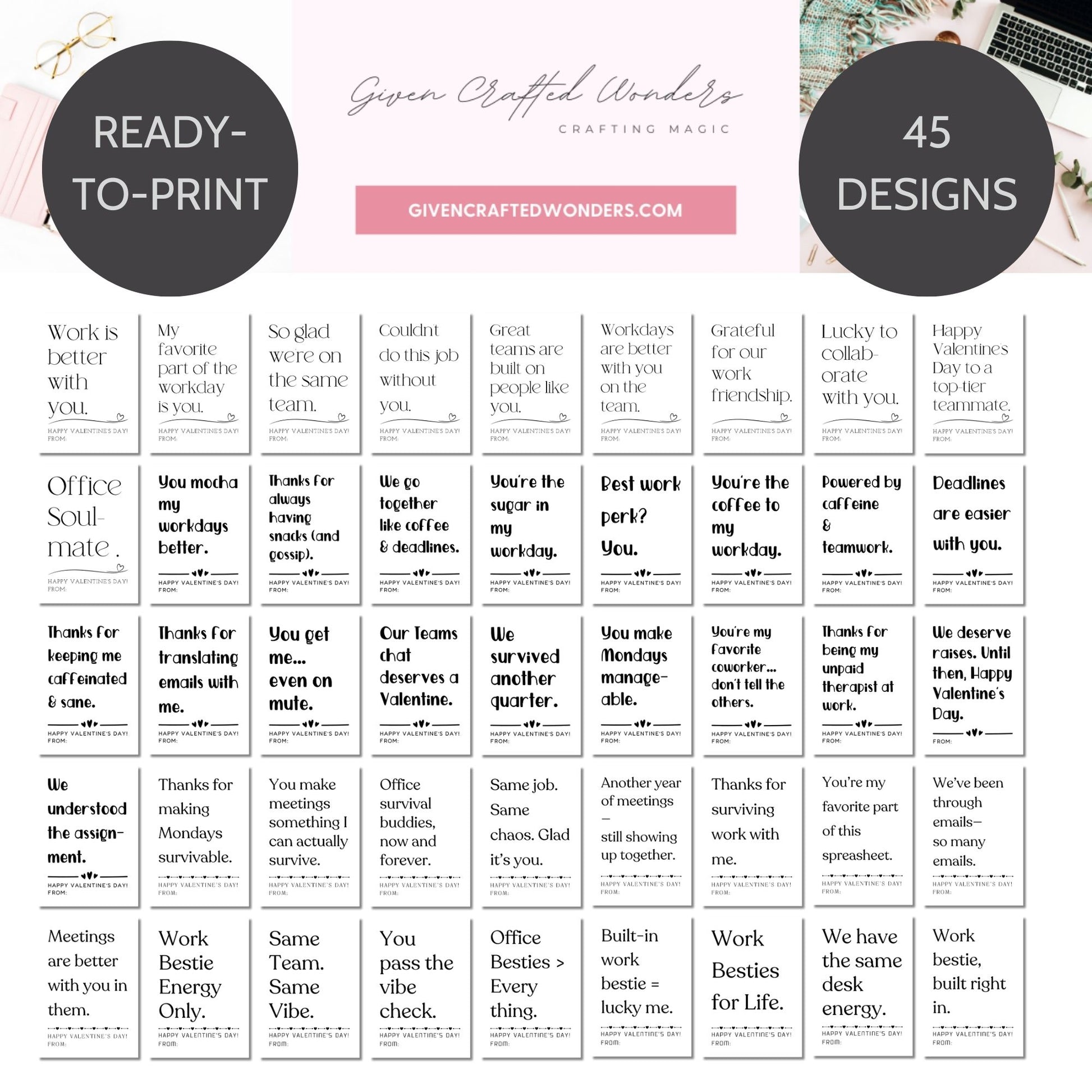 Minimalist black and white printable Valentine card for work besties featuring clean typography and office-friendly appreciation message.