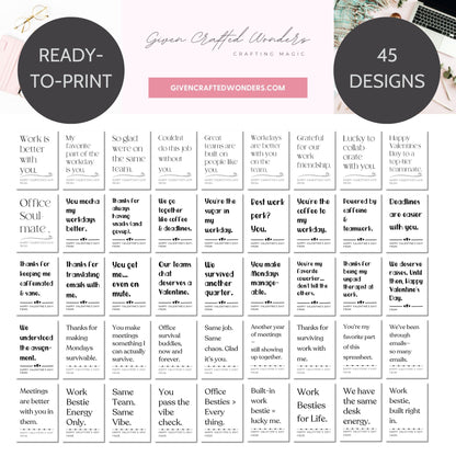 Minimalist black and white printable Valentine card for work besties featuring clean typography and office-friendly appreciation message.