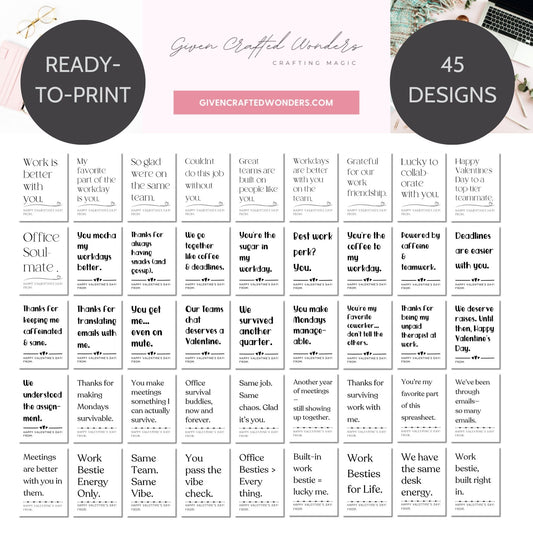 Minimalist black and white printable Valentine card for work besties featuring clean typography and office-friendly appreciation message.