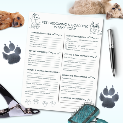Pet grooming and boarding intake form with a dog and cat on a white background