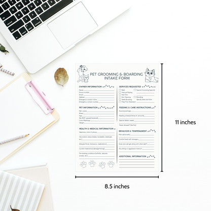 Pet grooming and boarding intake form on a desk with a laptop and stationery items.