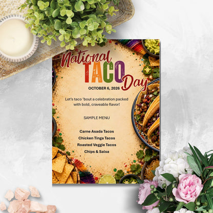 A National Taco Day event flyer or menu card styled in a flat-lay setting with a green plant, a small bowl of cream, and pink flowers on a light gray textured surface.