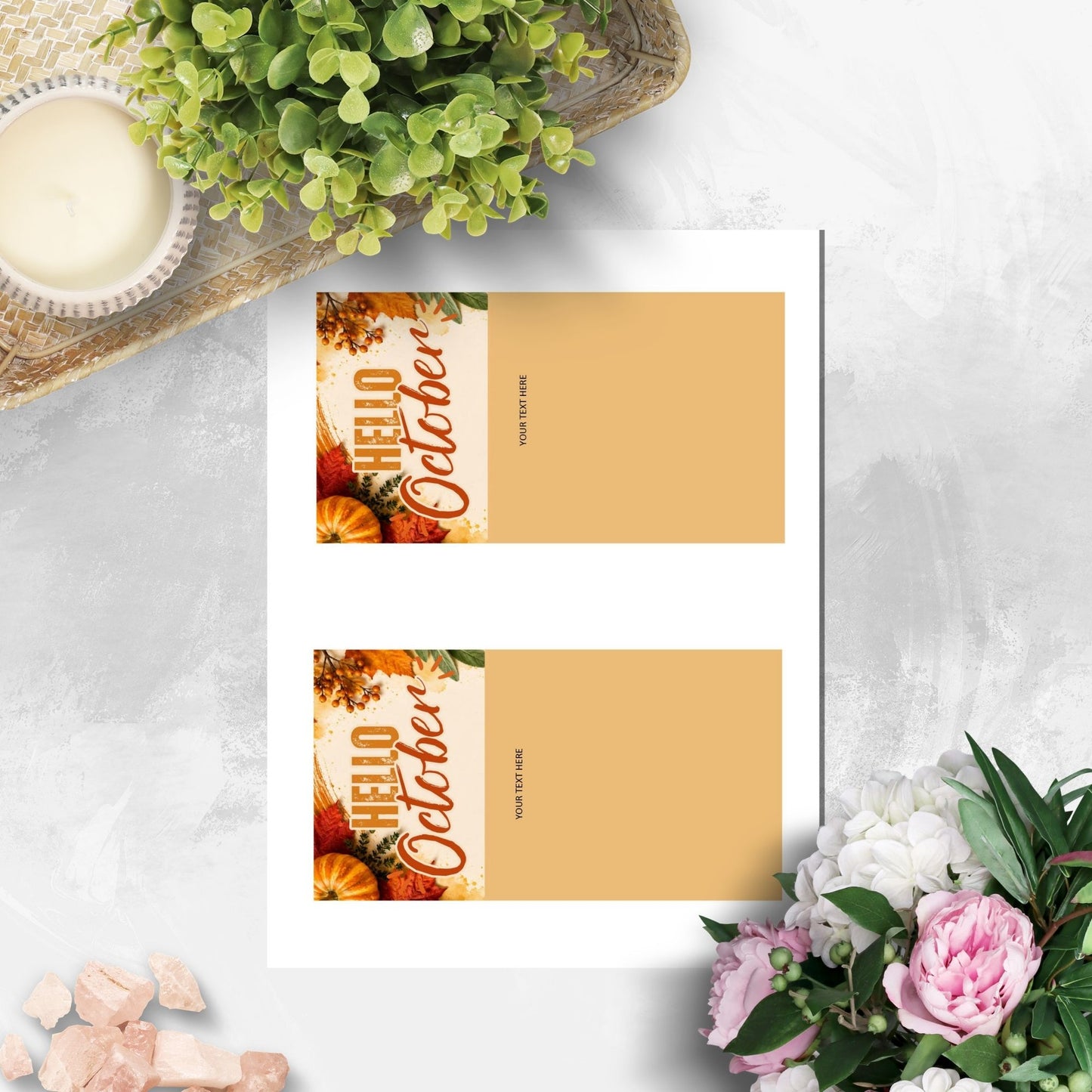 Editable 4 x 7.5 inch October fall promotions table tent template featuring a Hello October design with autumn pumpkins, colorful leaves, seasonal berries, and space for custom promotional text.