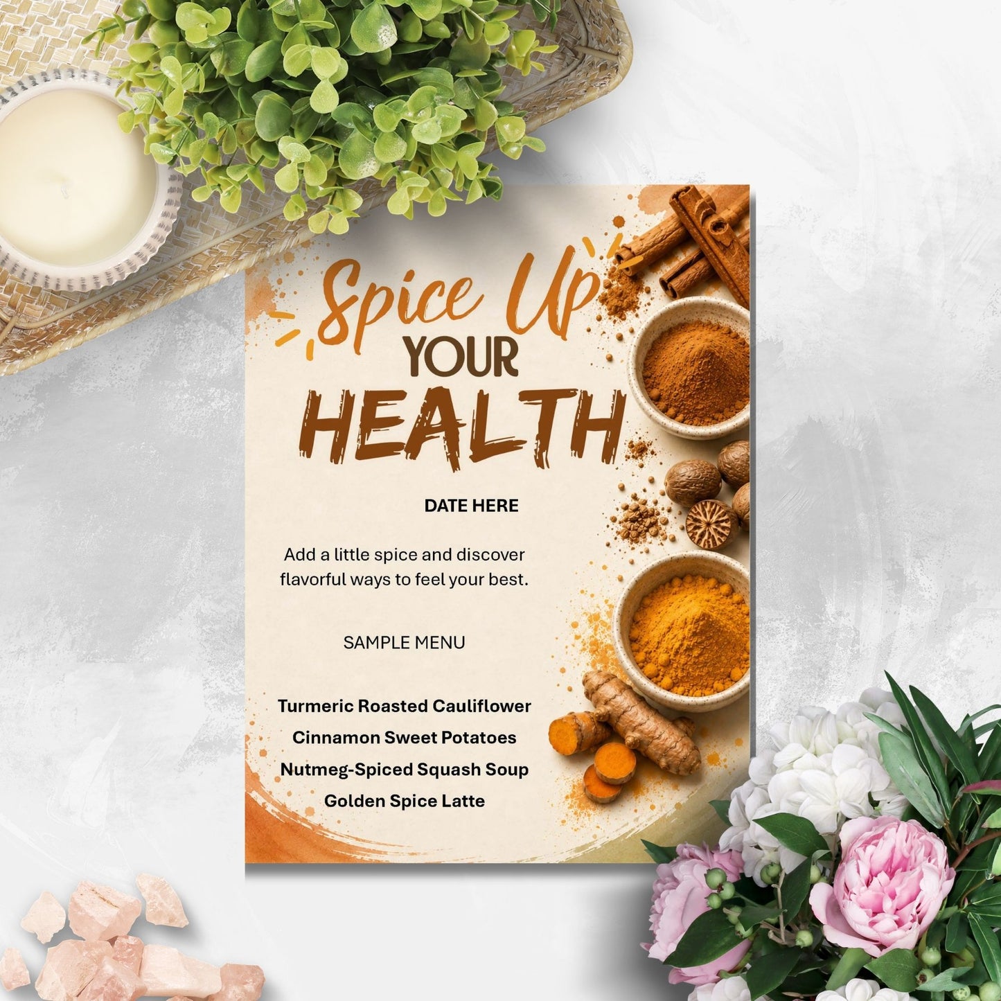 A vertical wellness-themed menu card reading 'Spice Up Your Health' with spice illustrations and a sample menu, styled on a light stone surface with flowers, a candle, and herbs around it.